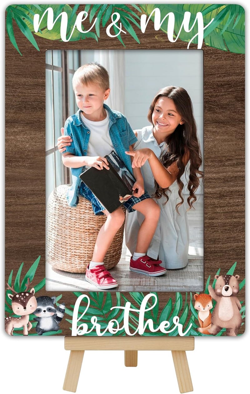 OXRUN Woodland Animals Photo Frame, Me & My Brother Wooden Picture Frame with Easel, 4x6 Photo Insert, Newborn Gifts, Nursery Decor - A03 - Image 1